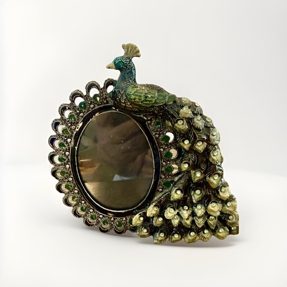 Pier 1 Imports Enameled Jeweled Heavy Metal Peacock Oval Photo Frame Boho 5”